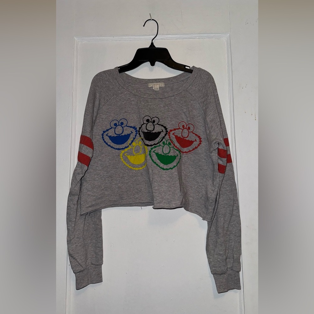 Gray Cropped Sweater with Colorful Character Design